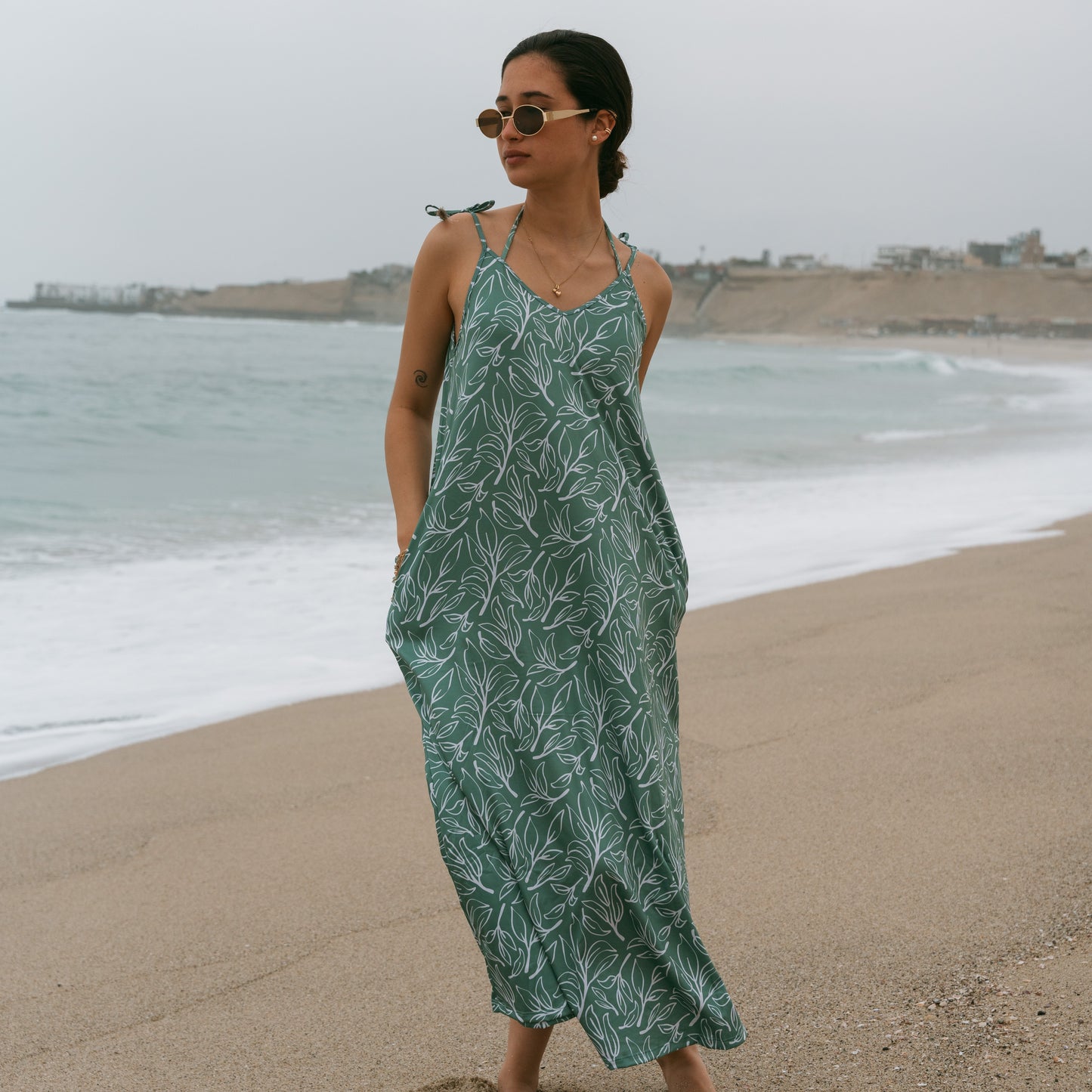 VESTIDO-SALIDA BAHIA Hojas Verdes